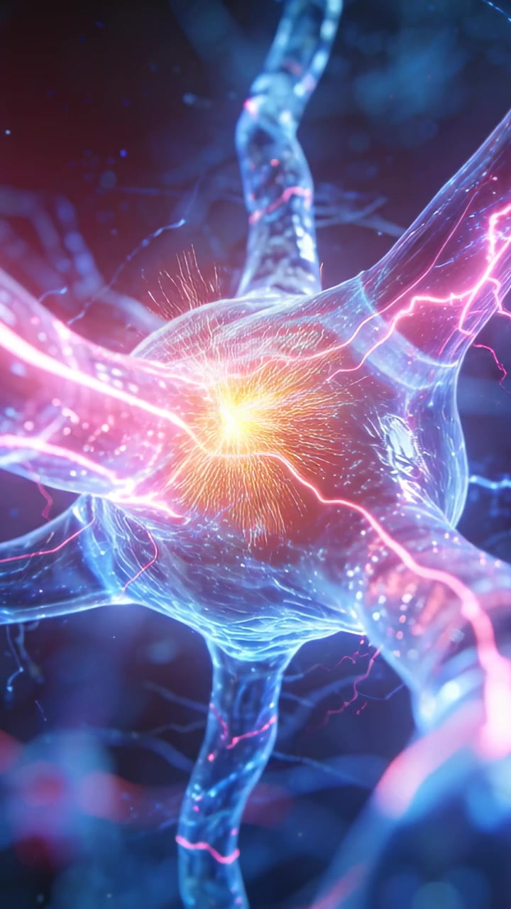 Neuron pulsing pink blue currents, pulse reaching junction and sparking particle burst for science