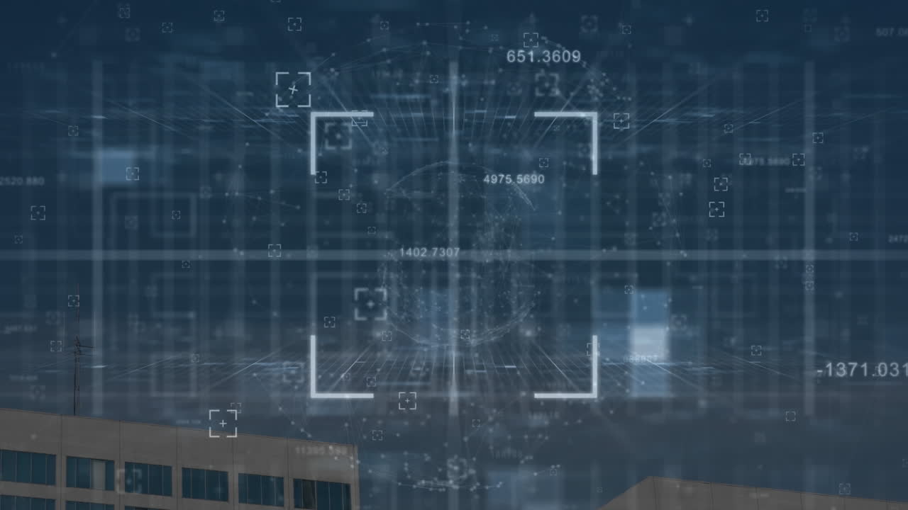 도시 풍경 위의 데이터 처리 애니메이션