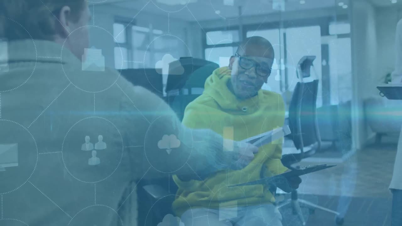 Animation of data processing over african american couple of business people