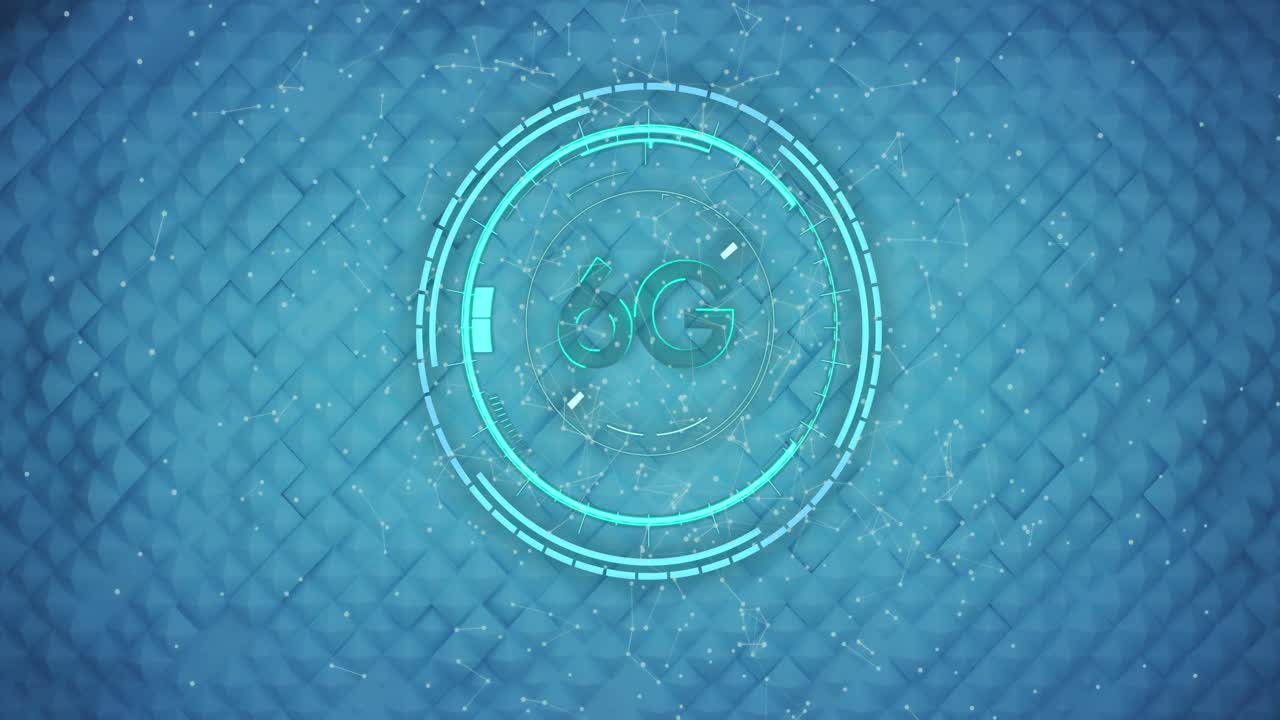 animación de texto de neón 6g y escaneo de alcance sobre bloques azules que se mueven en el fondo