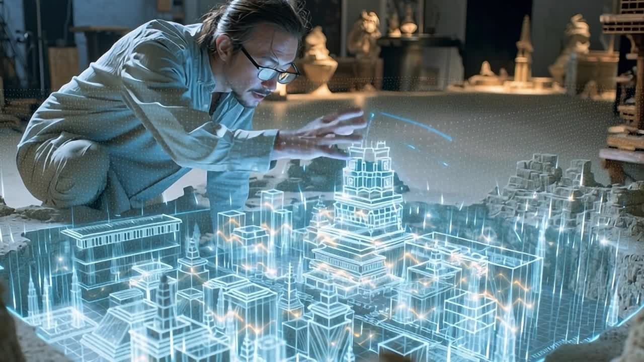 Artist interacts with holographic city model in digital archive space
