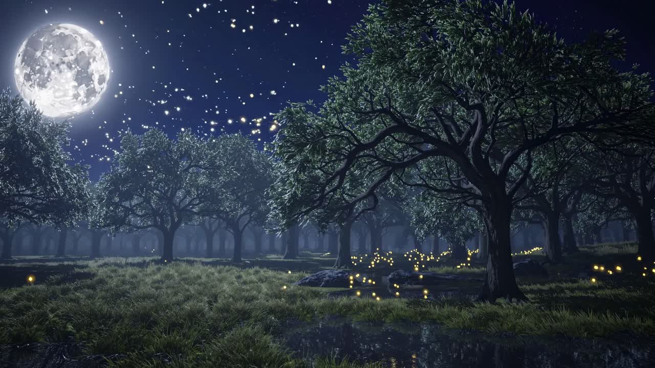Una scena mistica di una foresta di notte con la luna piena, vista da un angolo basso