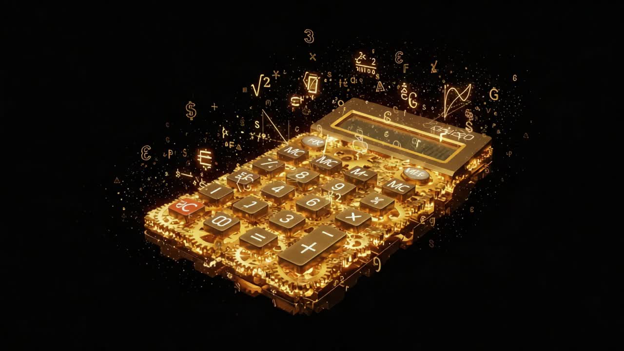 A Shimmering Golden Calculator Surrounded by Floating Mathematical Symbols, Illuminating the Essence of Mathematics and Calculation in a Digitally Enhanced Realm