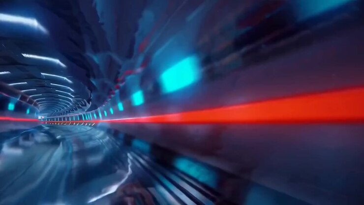 Tunnel futuristico con luci al neon incandescenti e movimento ad alta velocità