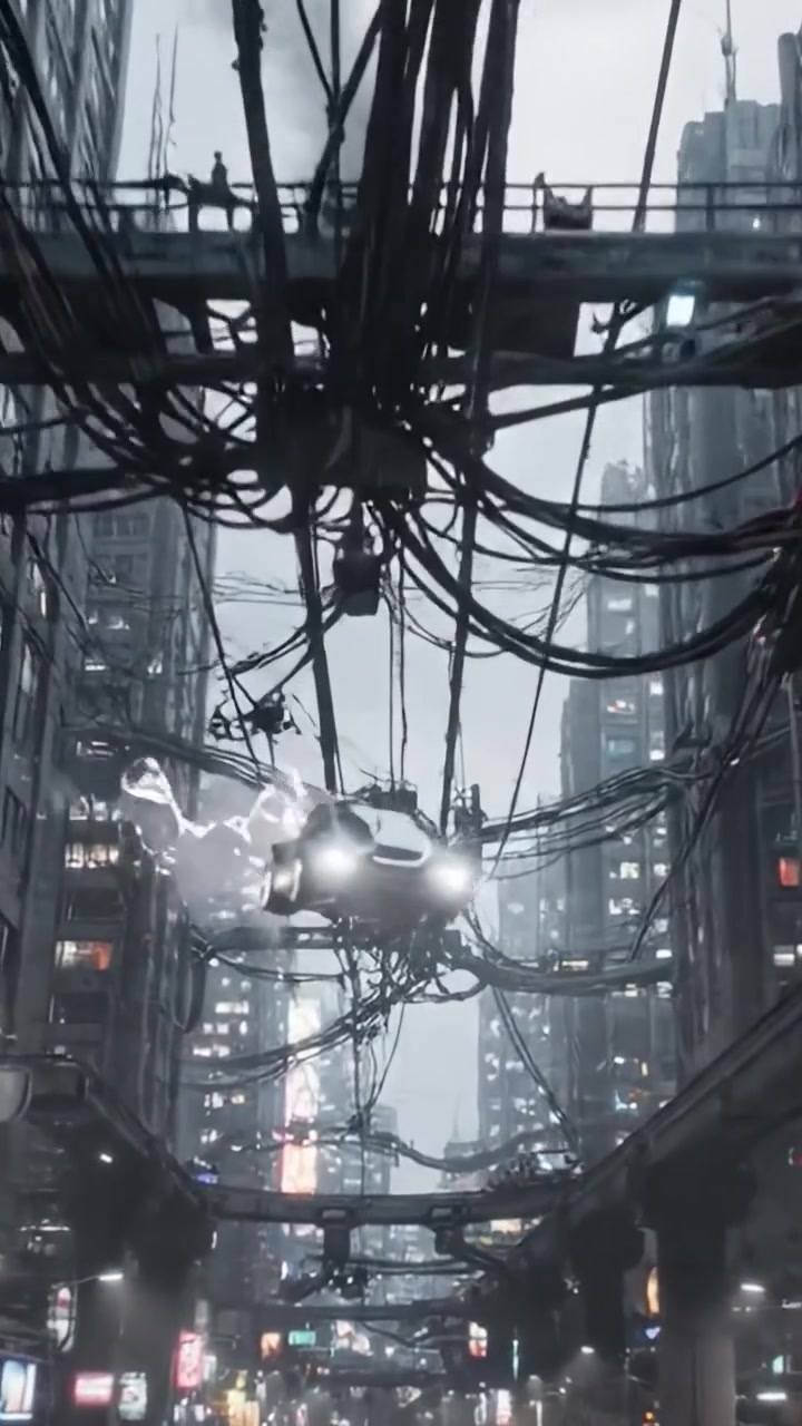 Un paesaggio urbano futuristico che evidenzia una fitta rete di cavi ed edifici contro un cielo atmosferico cupo in un'ambientazione fantascientifica.