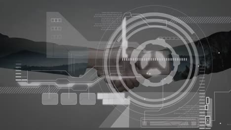Animation of data processing over businessman handshake