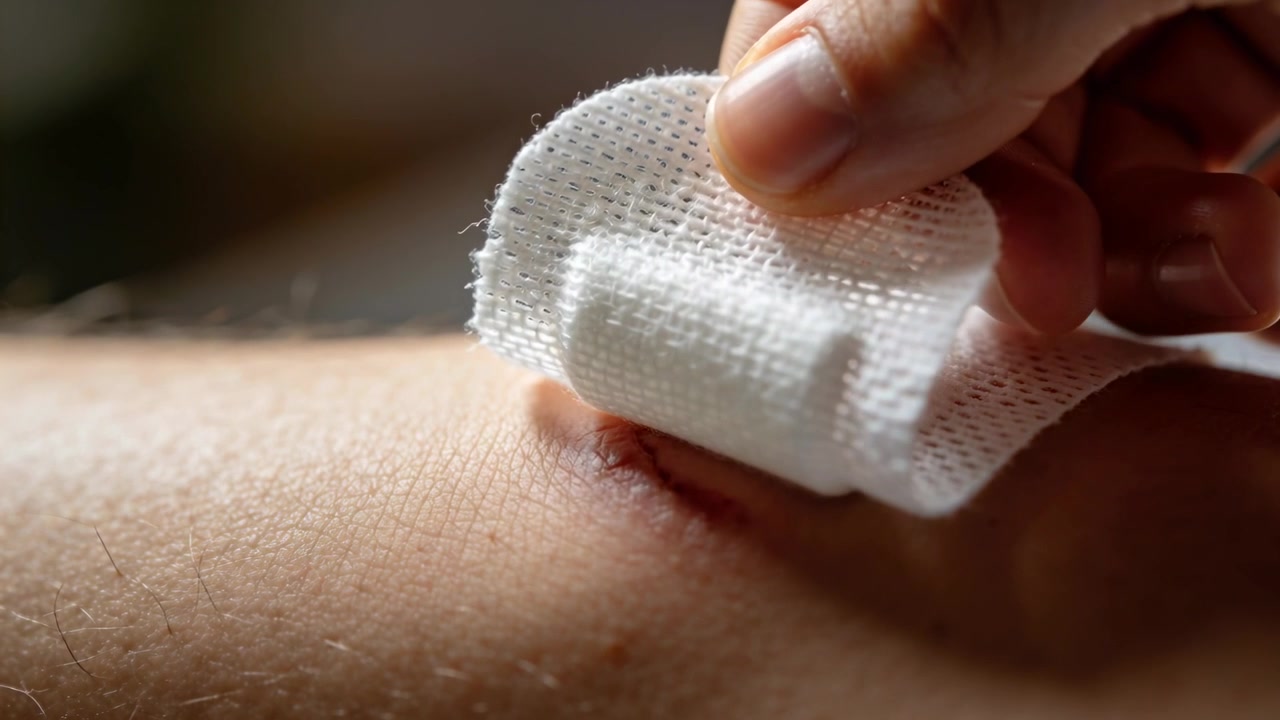 Observando sangre seca, la mano de un cuidador colocando una gasa en el antebrazo descubierto en casa, protegiendo la lesión.