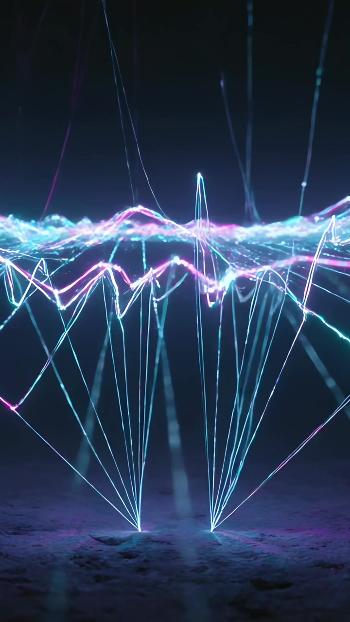 Vertical video: Pulsing light cluster reacting to spike rising above ground, linking with waveform