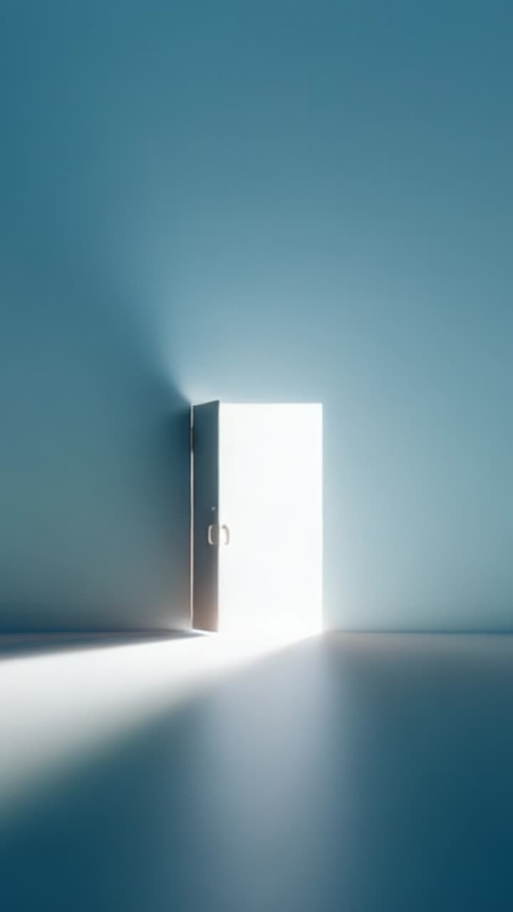 A Serene Doorway Illuminated by Soft Light, Symbolizing New Beginnings and Opportunities, Set Against a Tranquil Blue Background in a Minimalistic Style