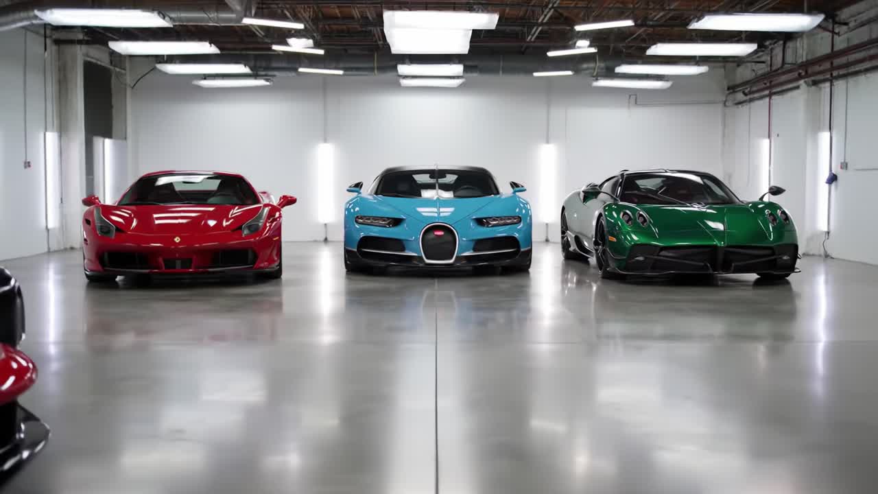A Stunning Display of Luxury Supercars: Captivating Red, Blue, and Green Models Showcase Exquisite Design and Engineering in a Sleek Modern Environment