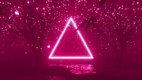 animation of glowing triangle and trees over multi coloured changing background