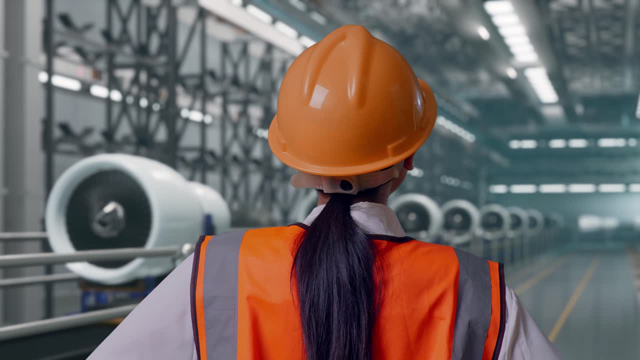 Primo piano di un'ingegnera, di spalle, che indossa un casco di sicurezza e si guarda intorno a mani sui fianchi, lungo una linea di produzione e assemblaggio di motori aeronautici in una fabbrica moderna.