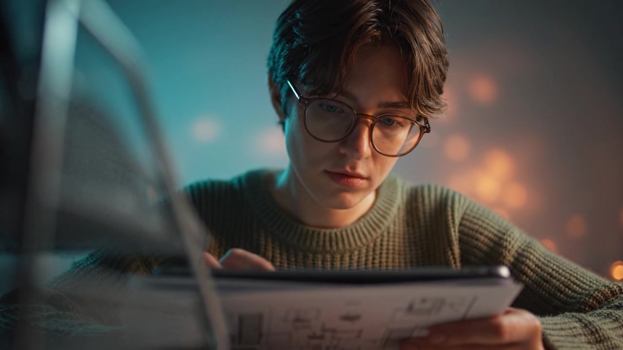 Una persona giovane che studia attentamente piani architettonici su un tablet digitale in un ambiente accogliente e suggestivo, mostrando concentrazione e creatività nel design.