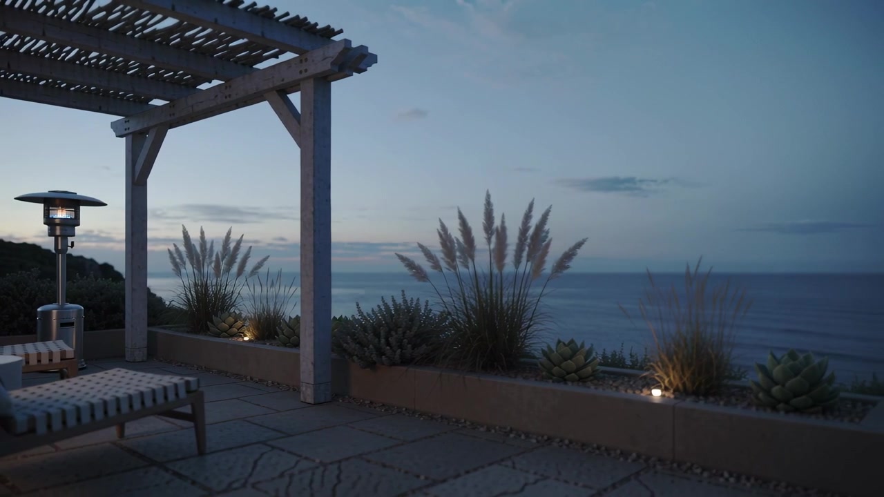 Panning camera revealing pergola lounge chair at coastal patio to show ocean, lit heater, planter