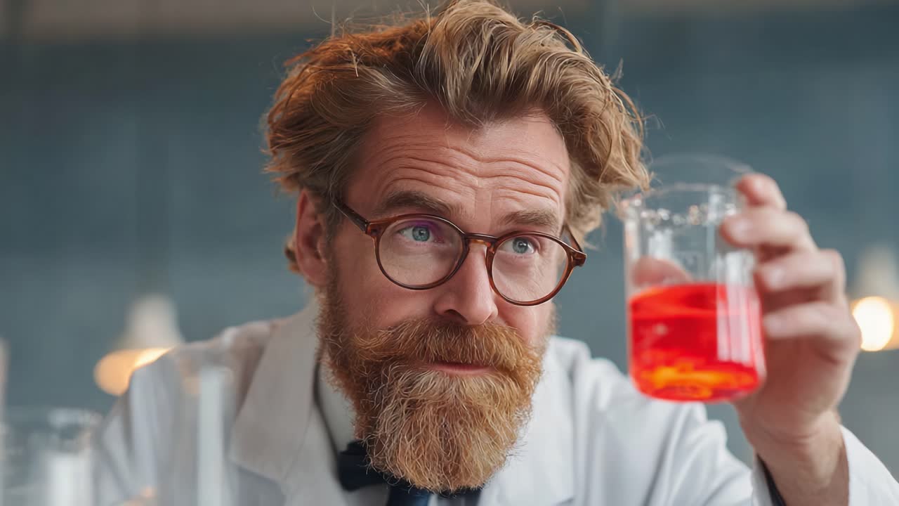 A keen scientist examines a bright red solution in a laboratory, showcasing curiosity and expertise in the field of chemistry with various lab equipment around him