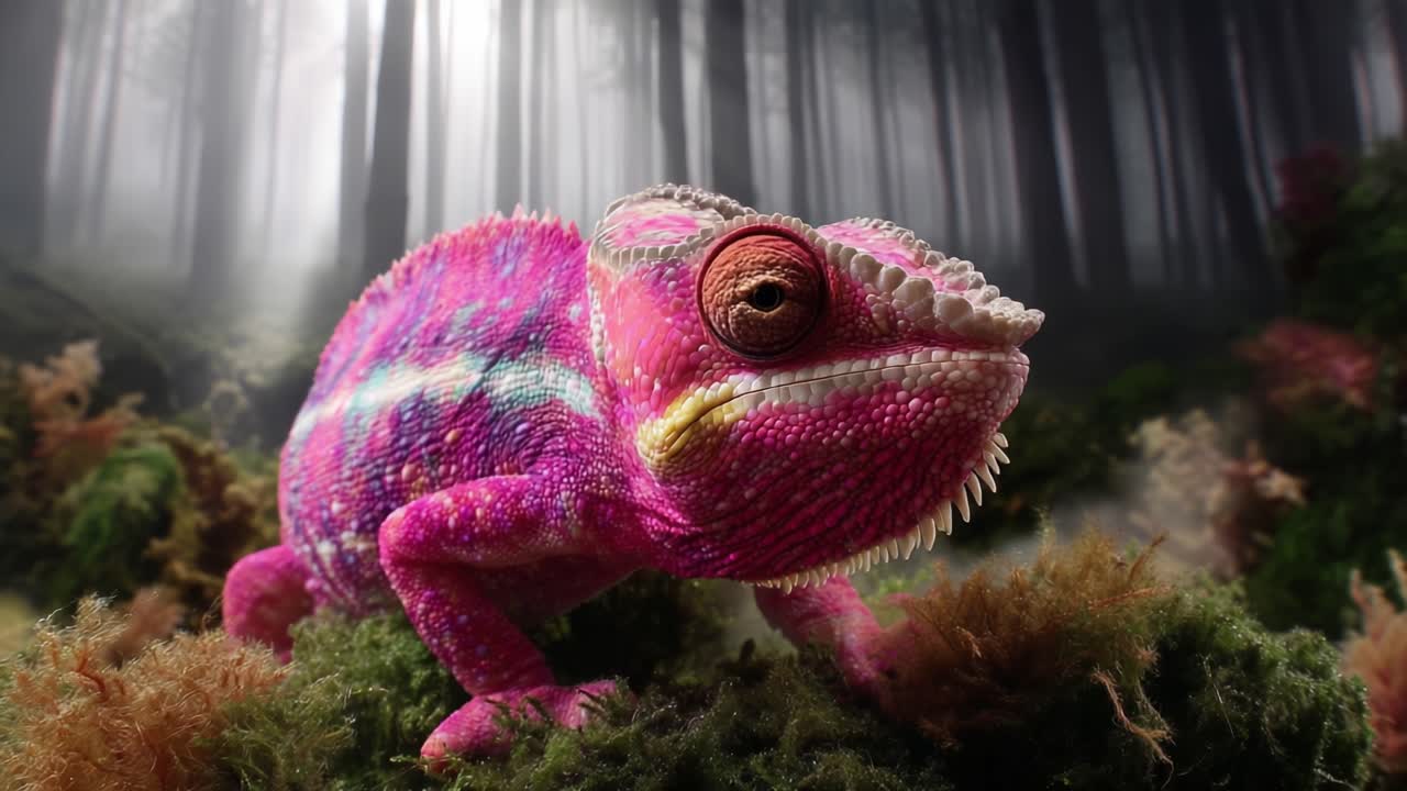 A Colorful Chameleon in a Mystical Forest Setting: Captivating Imagery of a Vibrant Creature amid Lush, Green Foliage Illuminated by Ambient Light