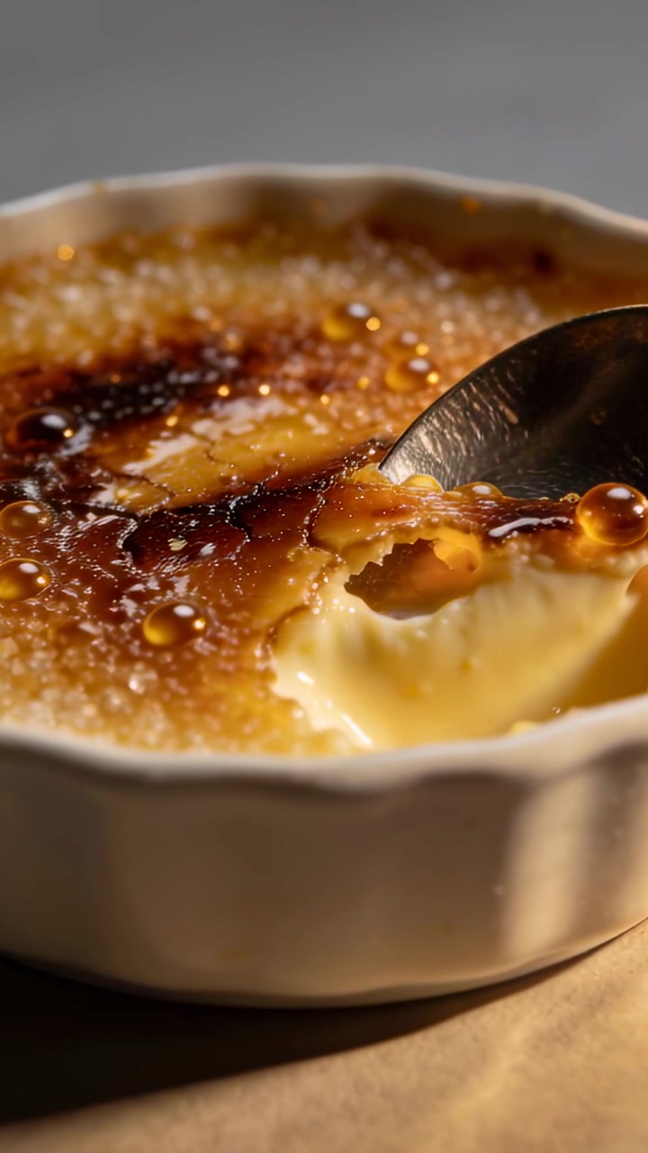 Vertical video: Pressing spoon from right cracking caramel in ramekin on tabletop to reveal custard