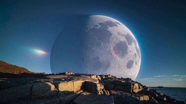 Lua imensa se deslocando, quadros progredindo revelando crateras, halo azul e mancha vermelha sobre rochas e o mar.