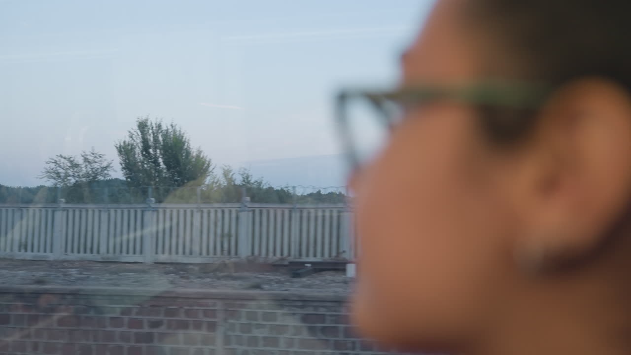 Blurred profile gazing through train window young commuter with eyeglasses watches passing fence, distant trees and flock of birds at dusk, soft light and motion blur create contemplative mood
