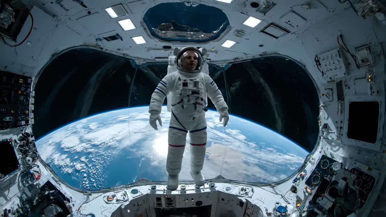 Astronaut in Space Station Gazing at Earth