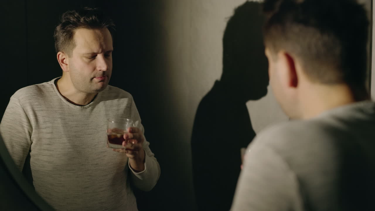 mann trinkt allein vor einem spiegel