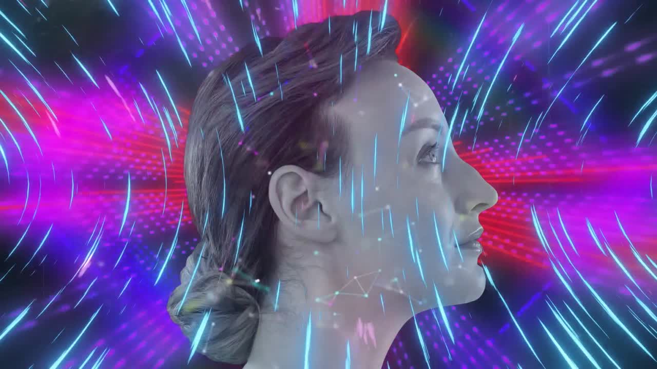 animación de la red de conexiones y luces de neón sobre la mujer