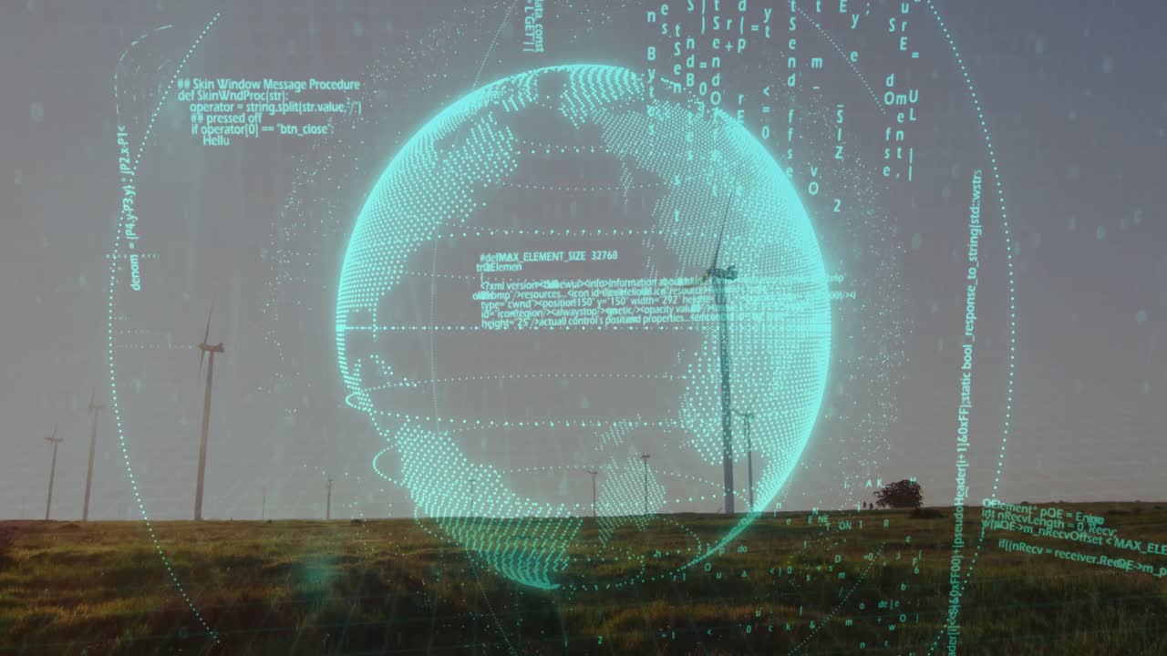 Holographic globe floating above wind turbines, streaming teal code overlay in 3D render