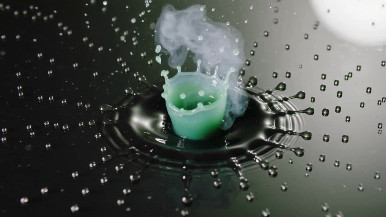 Sorprendente goccia ciano che forma una corona e un vaso su un vassoio nero lucido, emettendo vapore bianco