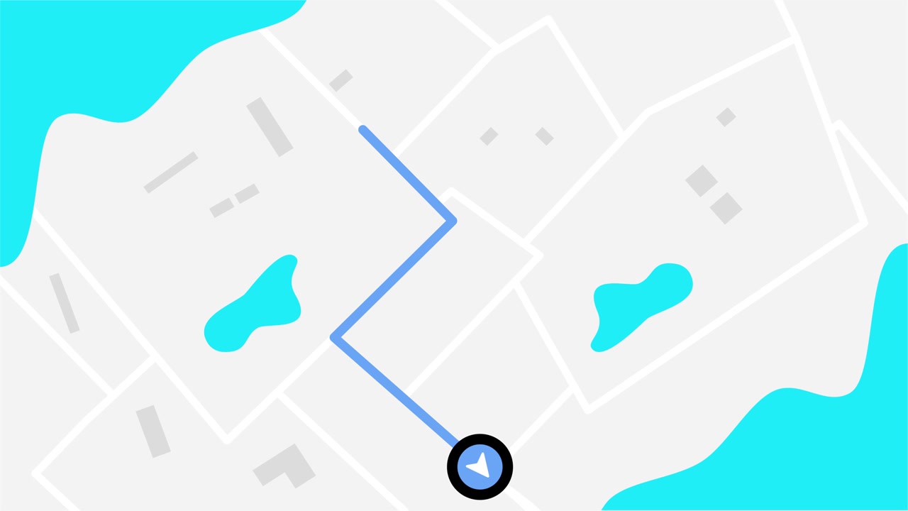 GPS-kortnavigatorrute med animation af en pilemarkør, der bevæger sig, isoleret på hvid baggrund
