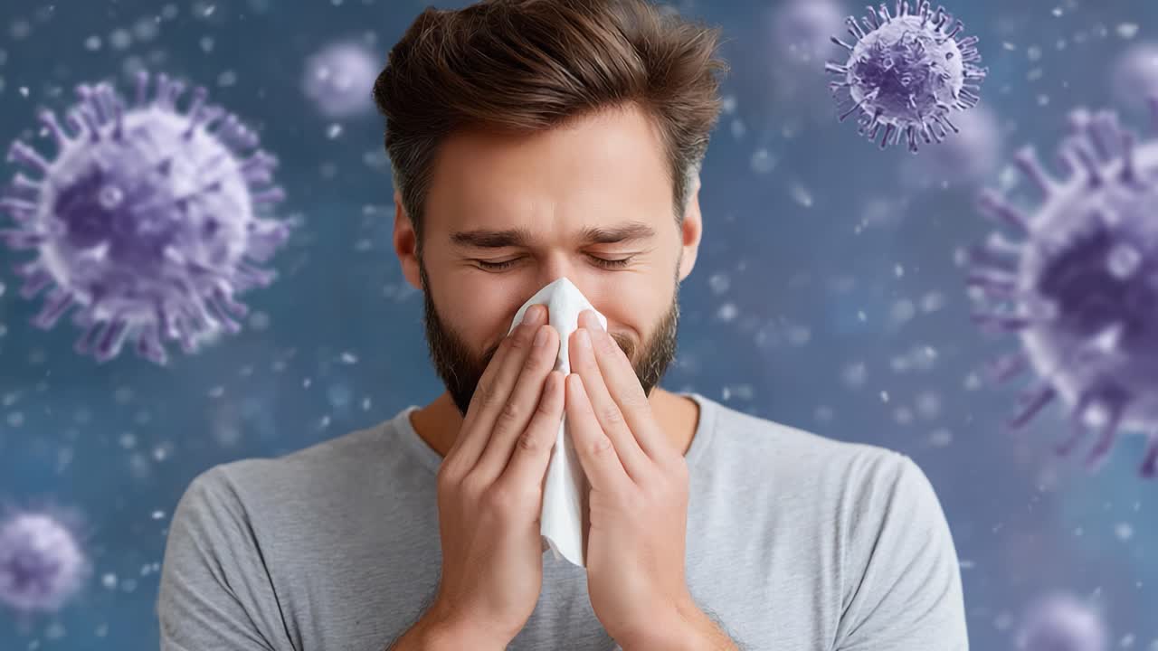 A man with a tissue covering his face appears to be experiencing discomfort, possibly due to an illness, amidst abstract representations of viruses in the background