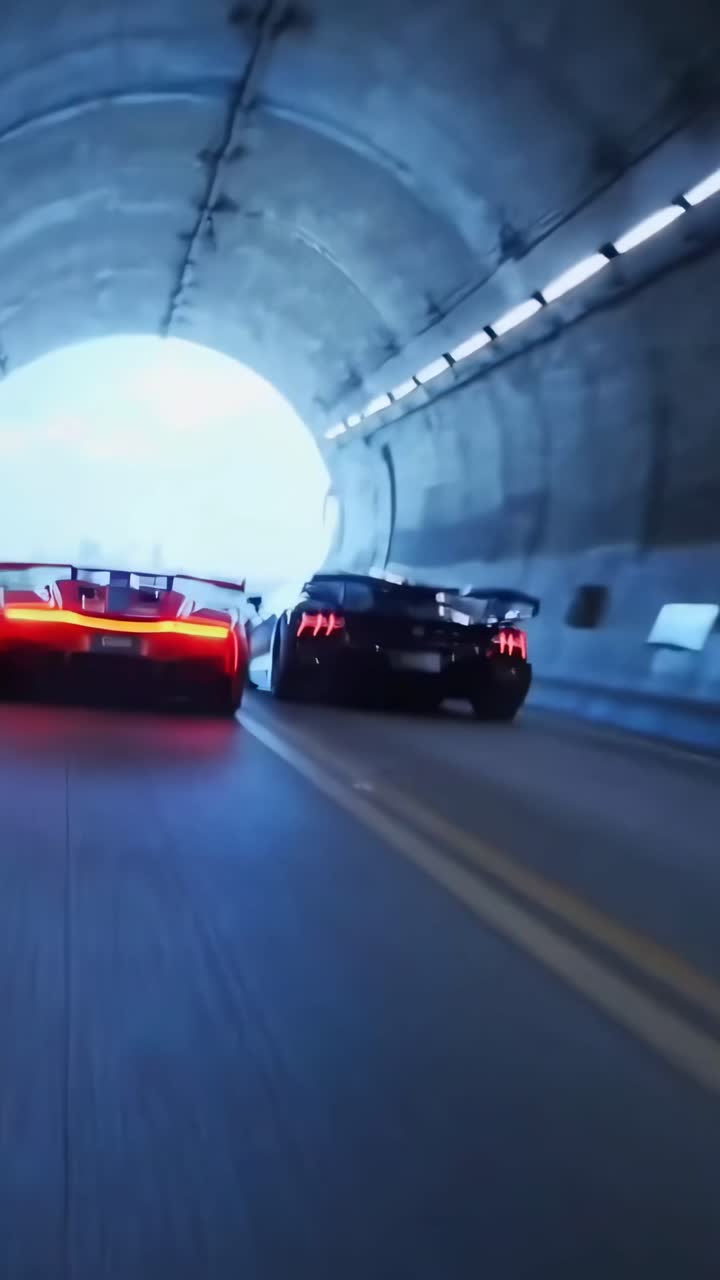 To sportsvogne kører ræs gennem en tunnel og ud på en motorvej