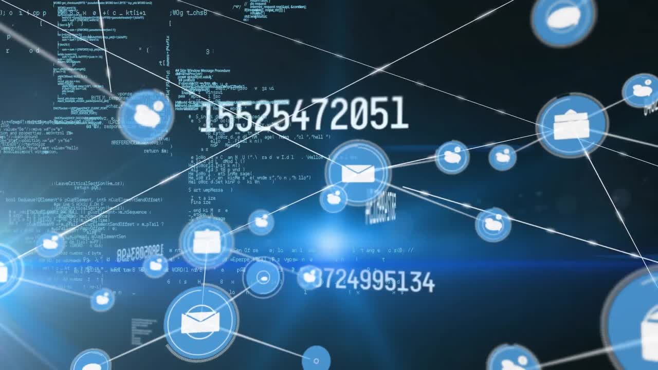 animación de números cambiantes, red de iconos digitales y procesamiento de datos contra el punto de luz azul.