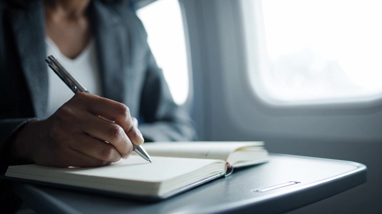 A person writing in a notebook on an airplane, capturing thoughts and ideas during travel with a focus on productivity and creativity in a confined space.