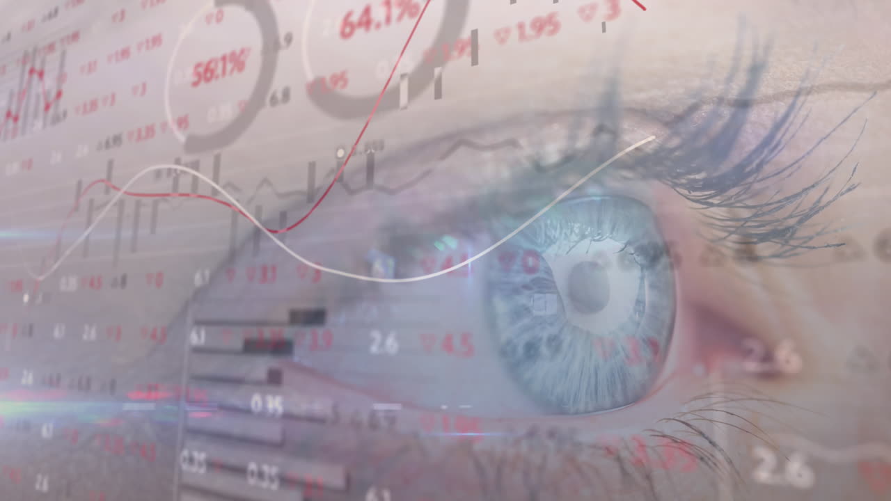Animation of financial data processing over woman's eye