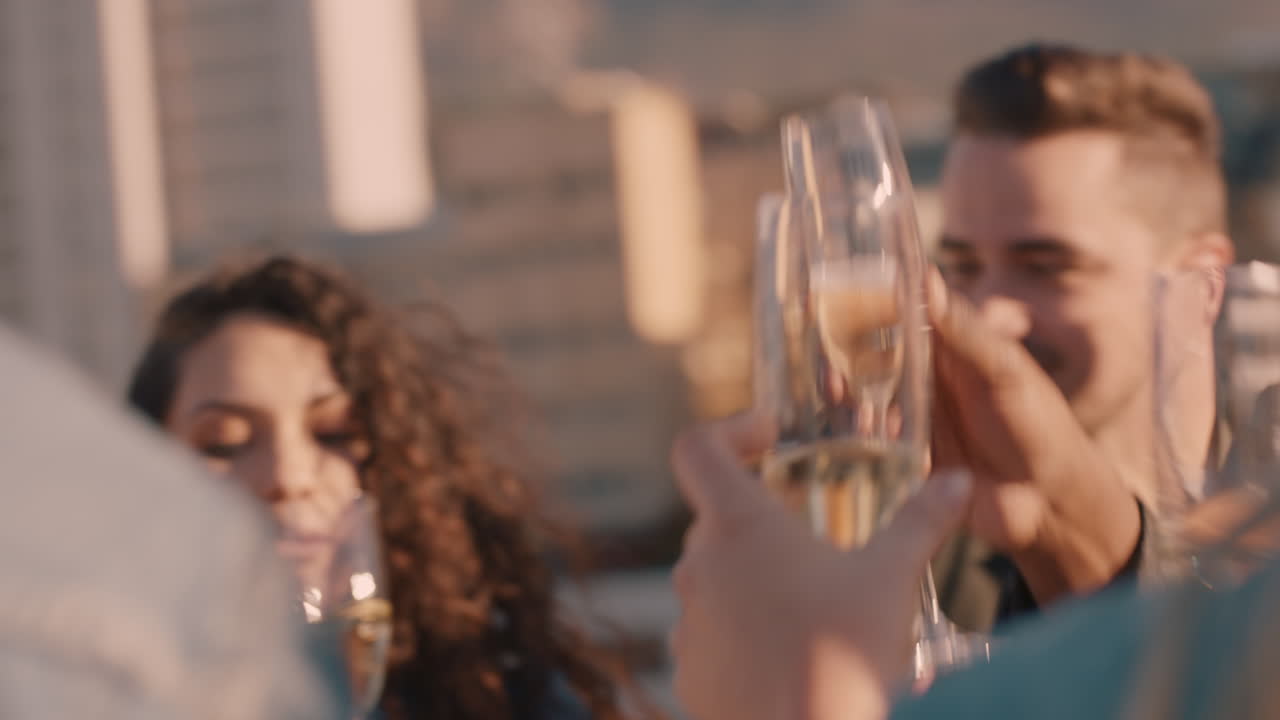 pareja feliz posando para una foto selfie disfrutando de la celebración de la fiesta en la azotea con amigos divirtiéndose bebiendo champán compartiendo el fin de semana en la ciudad en las redes sociales