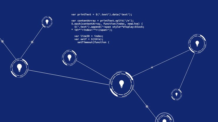 Animation of light bulb icons connected with lines and computer language over blue background