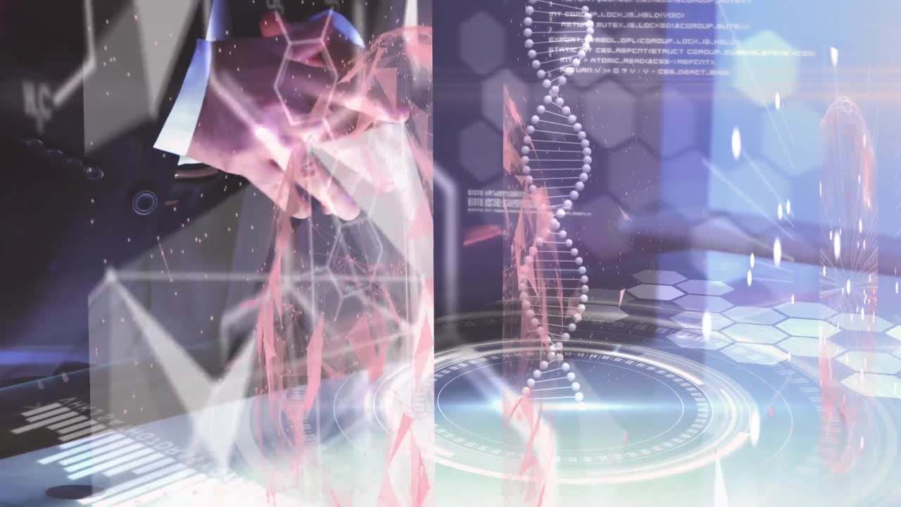 디지털 인터페이스 의료 데이터 처리 보이지 않는 화면을 사용하여 사업가의 중간 섹션에 대하여