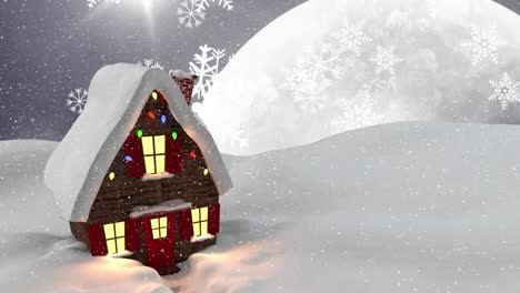 Animation-of-snow-falling-and-house-over-winter-landscape