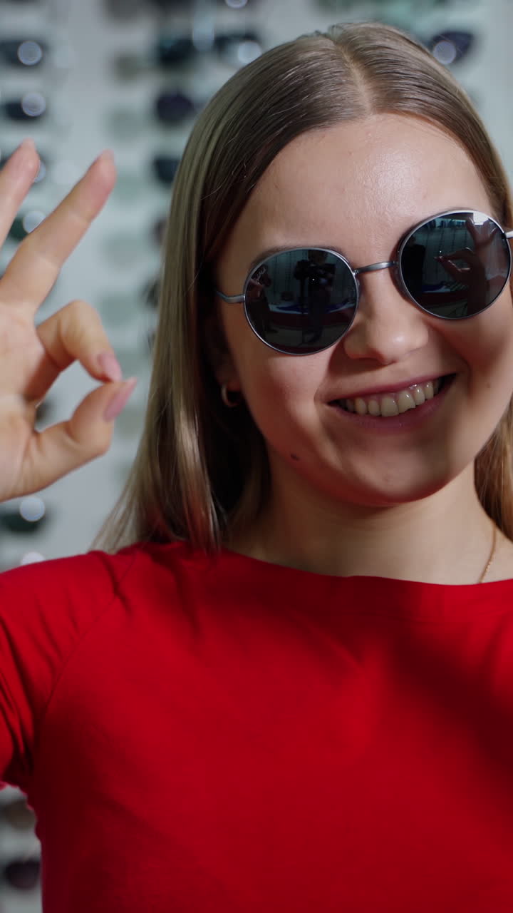 Pretty girl in fashionable sunglasses in the store. Portrait of a lovely girl showing Ok sign by hands on the background of sunglasses at optics. Vertical video