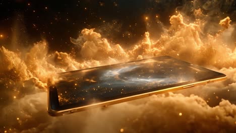 cosmic smartphone floating amidst golden stellar clouds