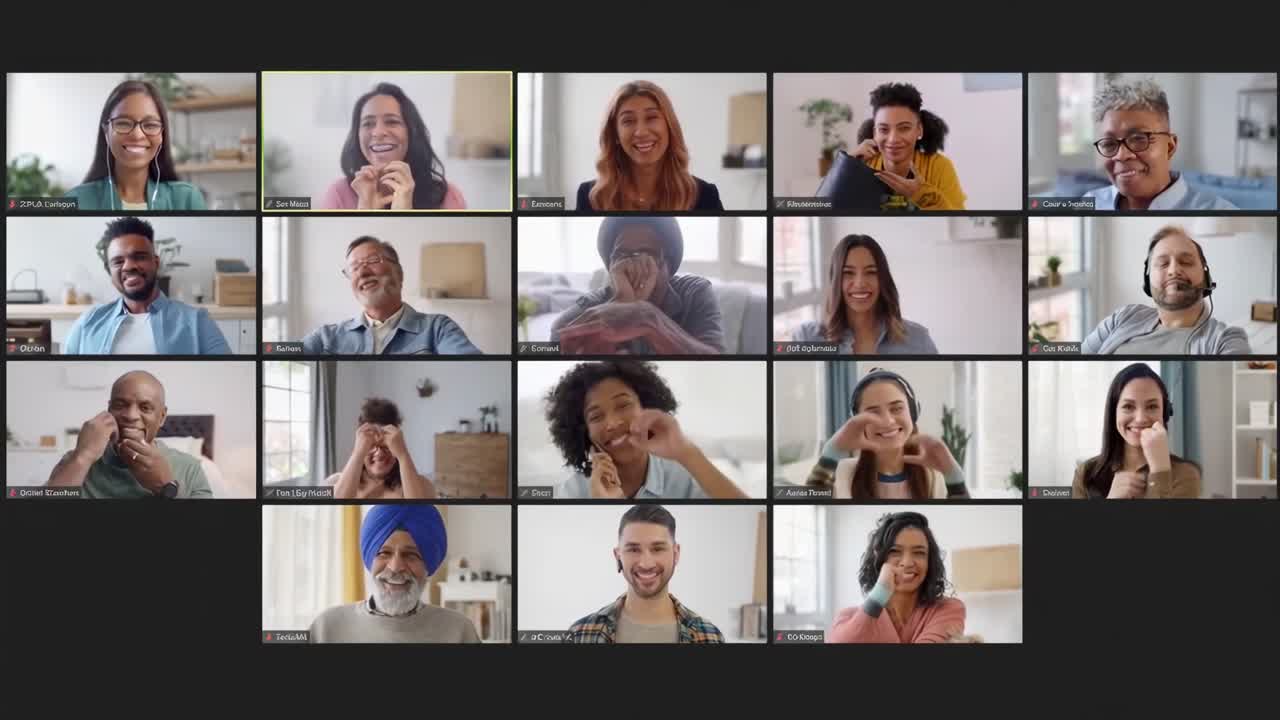 Smiling Diverse People Communicating on a Virtual Video Call Grid
