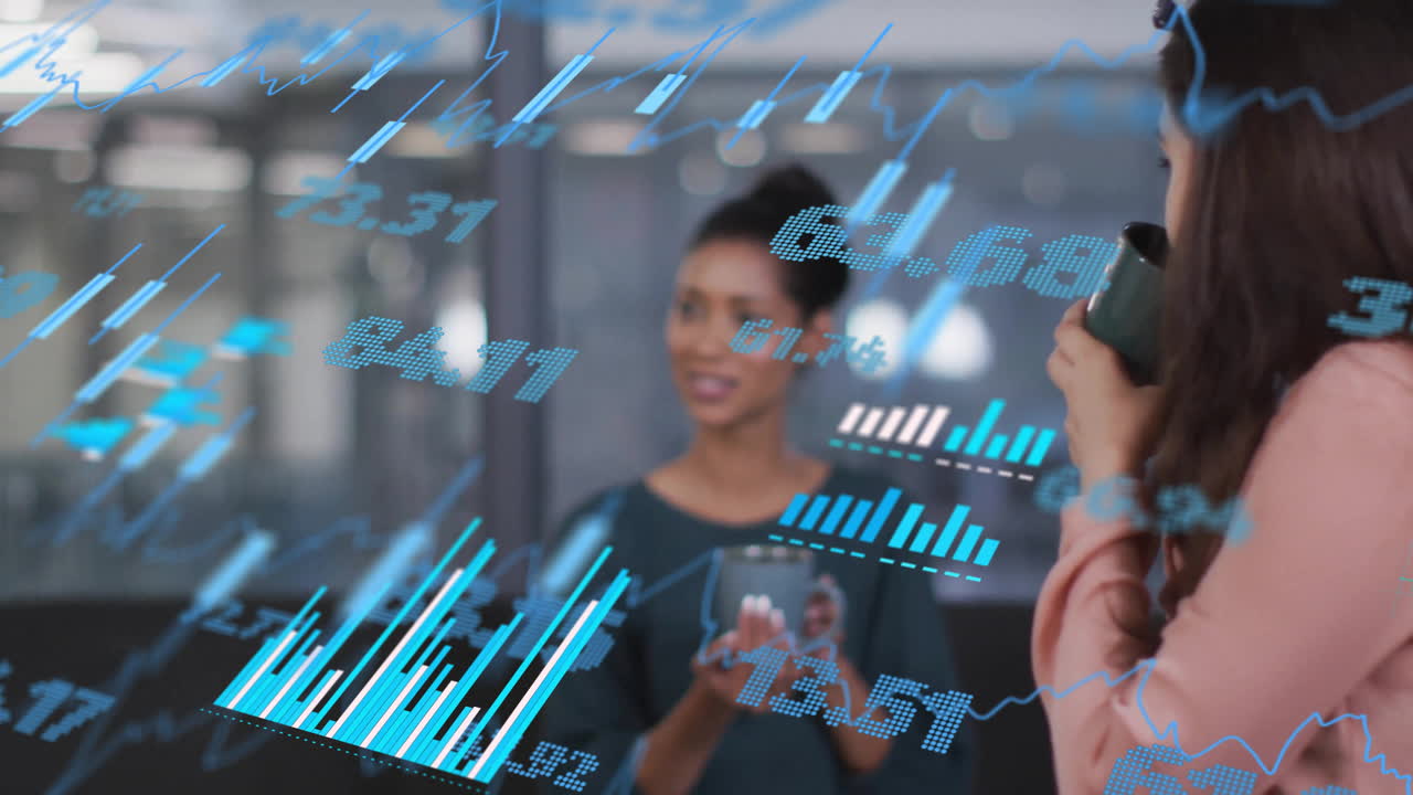 animación del mercado de valores y diagramas sobre diversas personas de negocios en la reunión