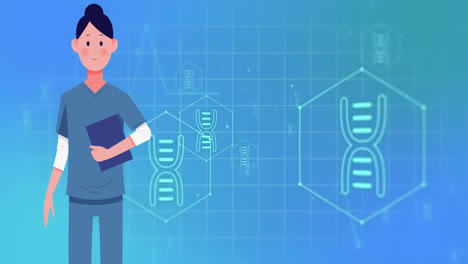 animation of female doctor with clipboard with medical icons on blue background