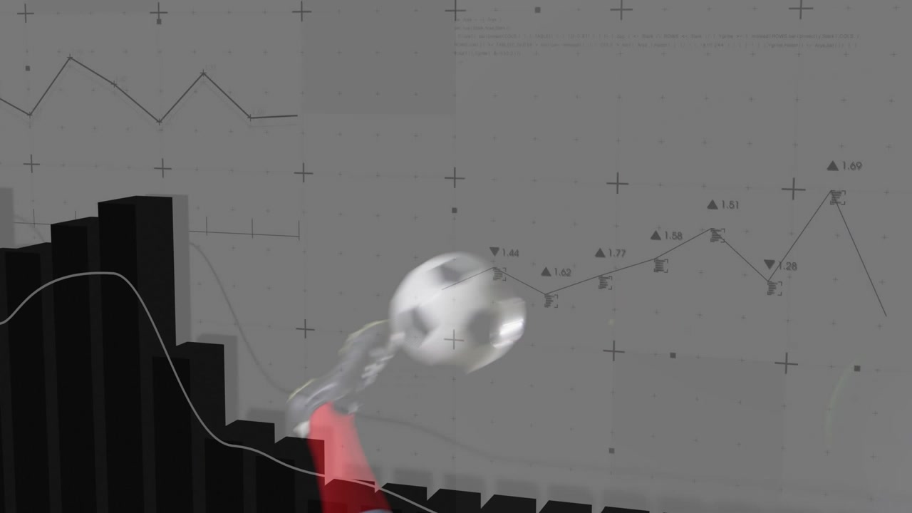 Soccer player executing bicycle kick as ball rolling across bars and sending ball into analytics