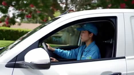 a young person in a blue uniform is sitting in a parked car on a sunny afternoon. trees surround the vehicle as they relax, enjoying the peaceful atmosphere of the neighborhood.