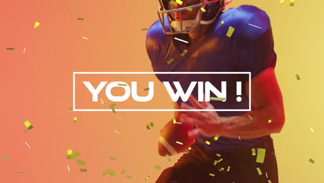 animation of you win text over american football player and confetti