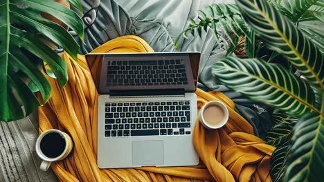 laptop and coffee surrounded by lush plants