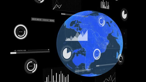 Animation-Von-Symbolen-Und-Datenverarbeitung-über-Dem-Globus-Auf-Schwarzem-Hintergrund