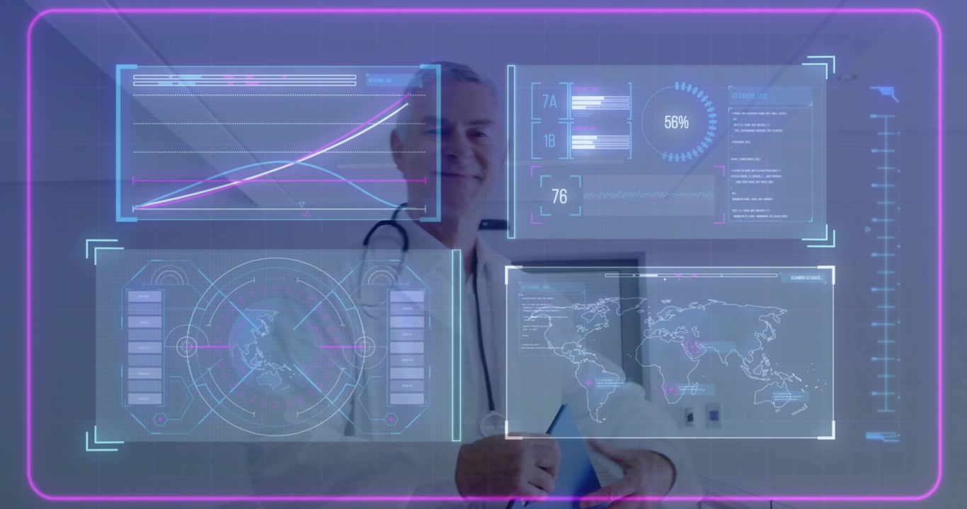 Superposiciones de gráficos con luces de neón emergiendo, actualizándose mientras un médico senior estudia una carpeta y sonríe al espectador
