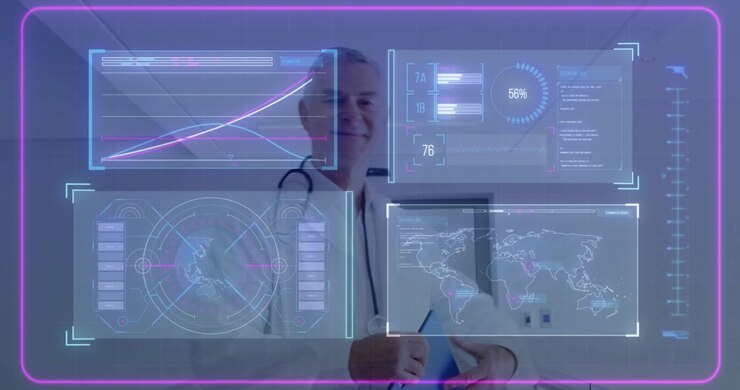 Neon-lit chart overlays emerging, updating as senior doctor studying folder and smiling at viewer